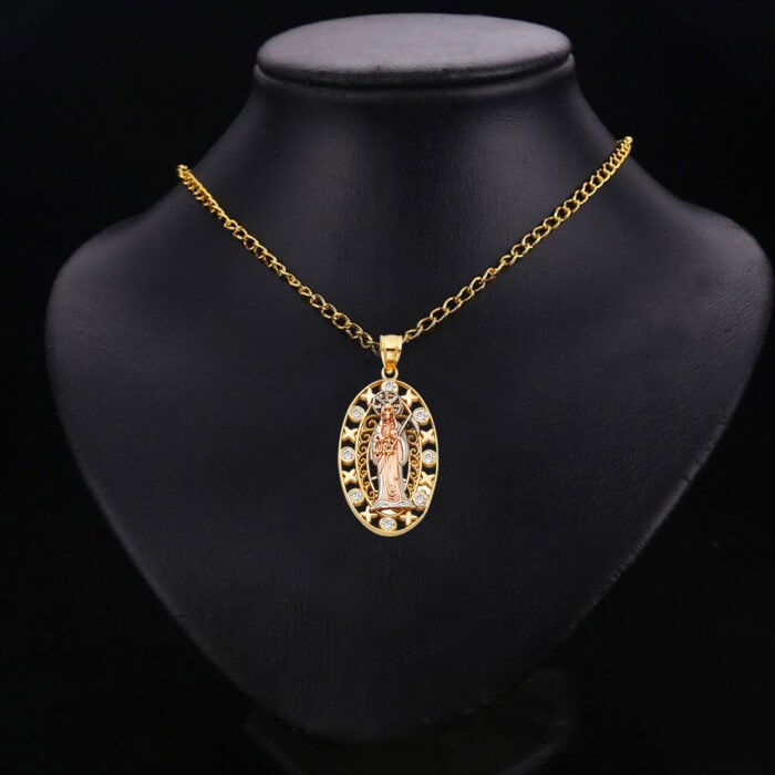 14K Tri Color Gold Cubic Zirconia Religious Santa Muerte Pendant - Image 2