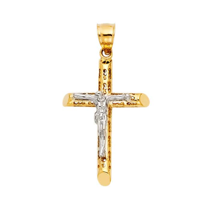 14K Two Tone Gold Jesus Crucifix Cross Religious Pendant