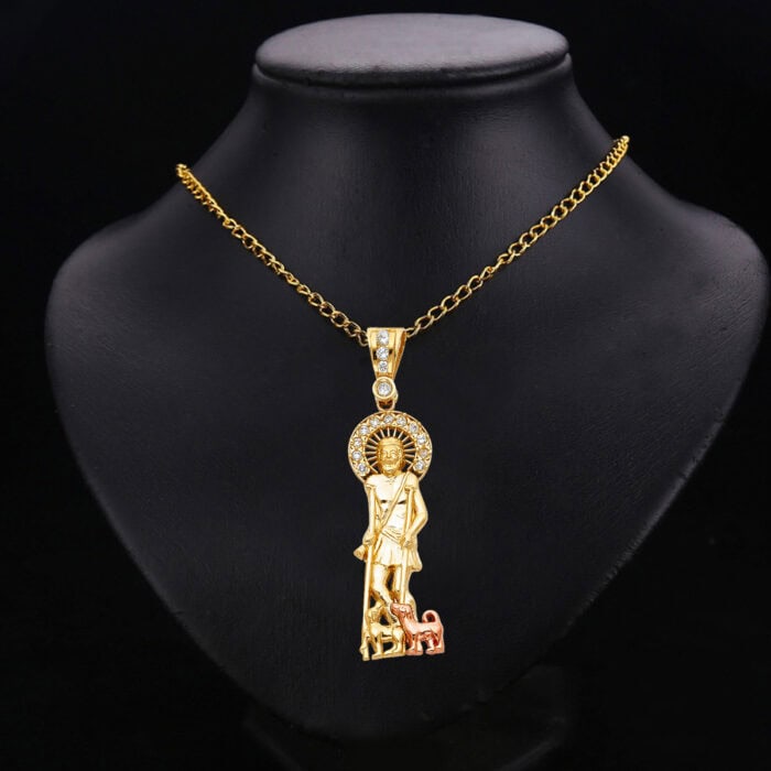14K Two Tone Gold Cubic Zirconoia Religious St. Lazaro Pendant - Image 3