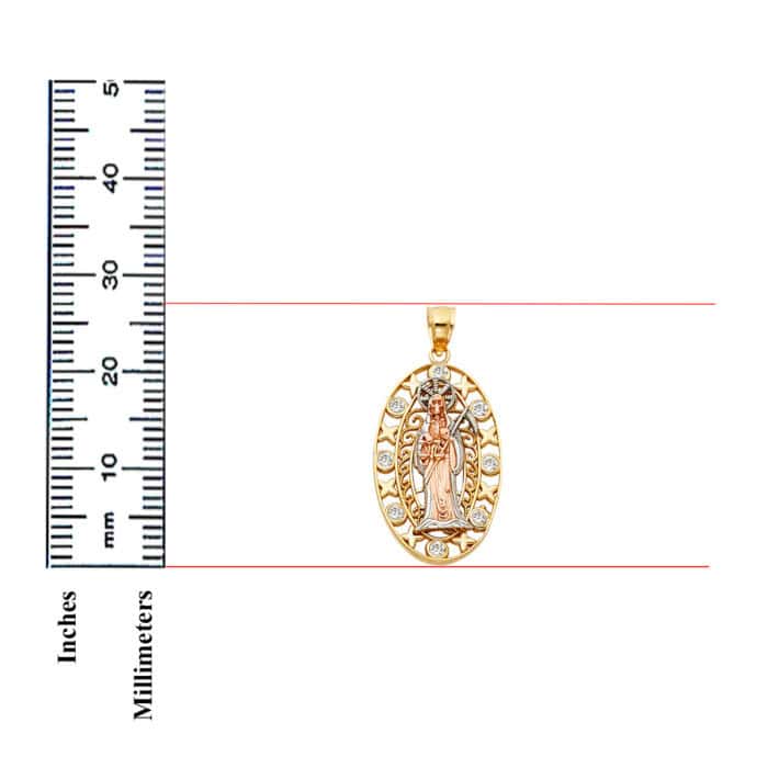 14K Tri Color Gold Cubic Zirconia Religious Santa Muerte Pendant - Image 3