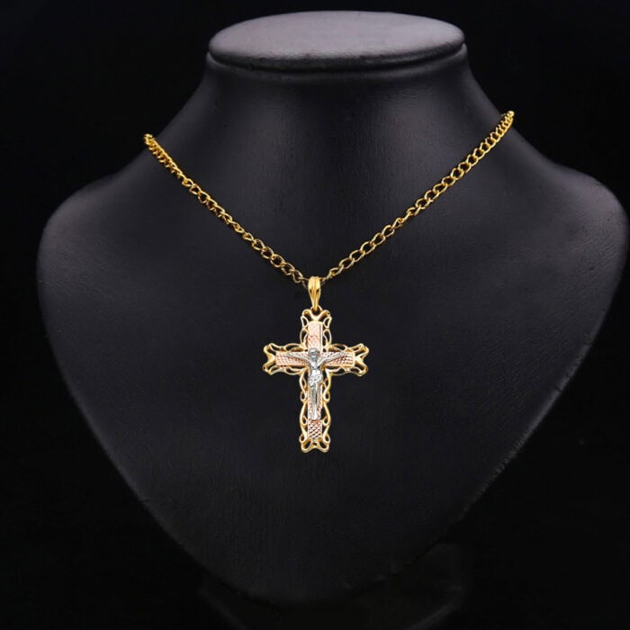 14K Tri Color Gold Religious Crucifix Pendant - Image 2