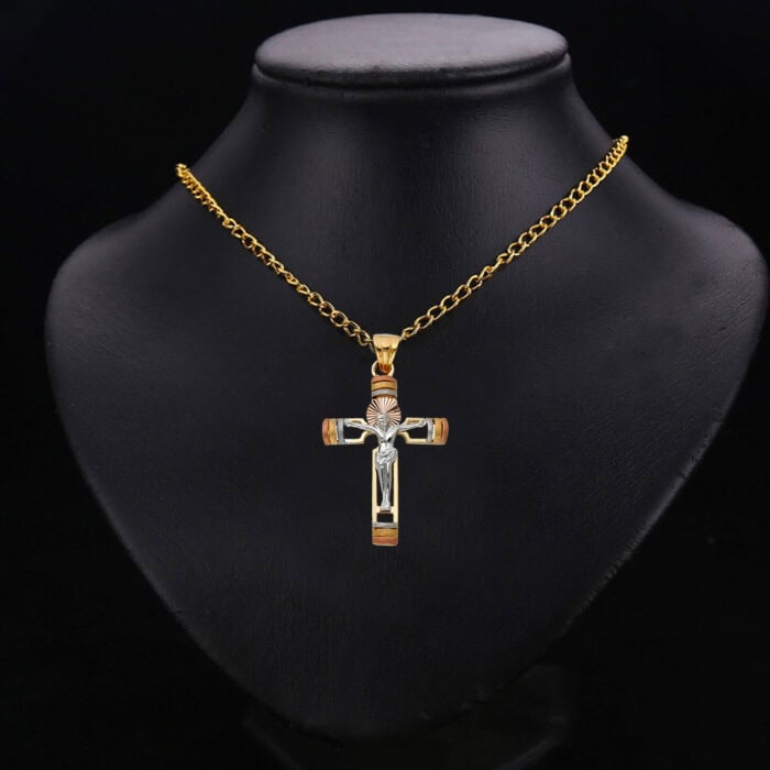 14K Tri Color Gold Religious Crucifix Pendant - Image 2