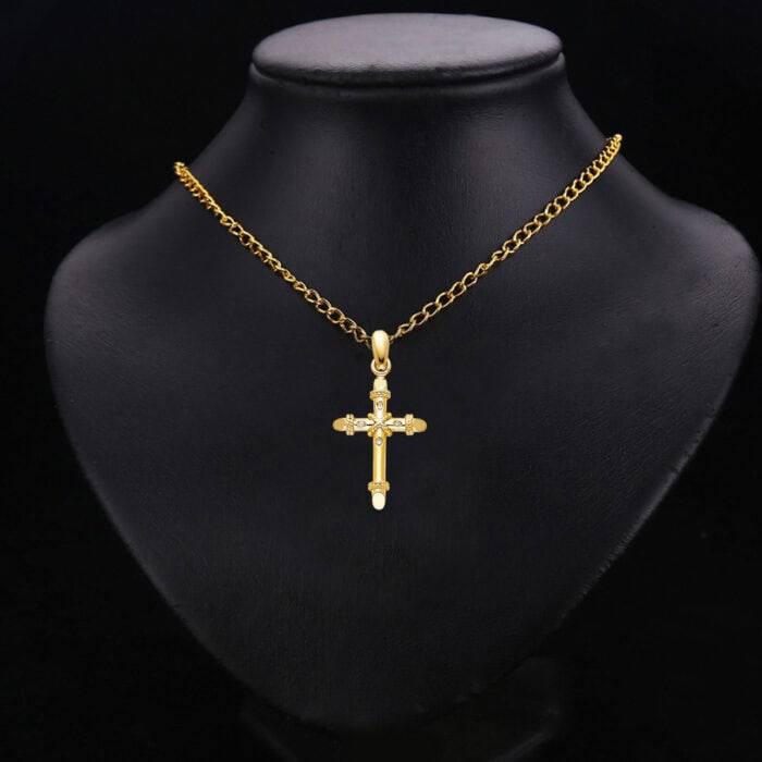 14K Yellow Gold Cubic Zirconia Religious Cross Pendant - Image 2