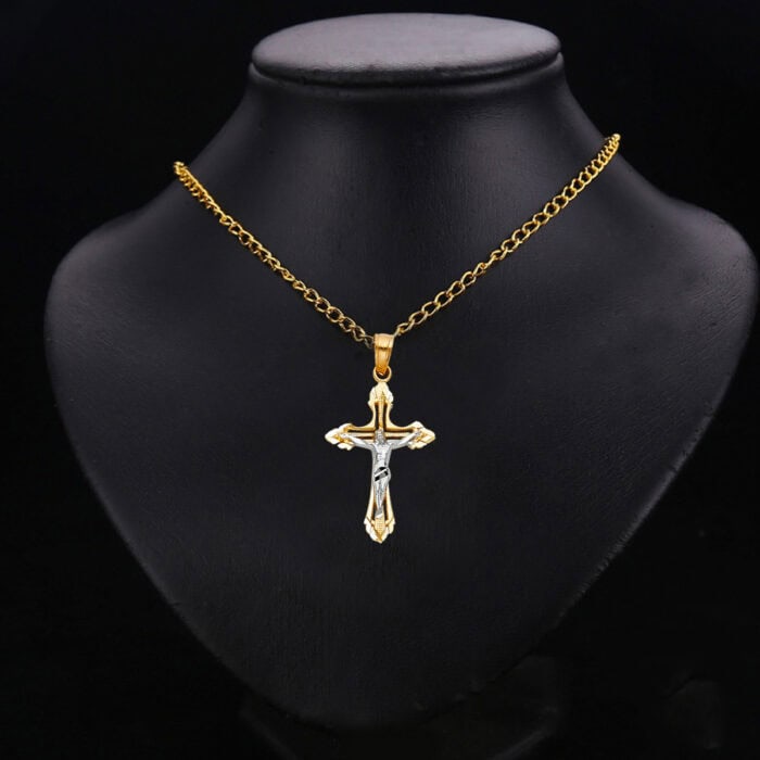 14K Two Tone Gold Jesus Crucifix Cross Religious Pendant - Image 2
