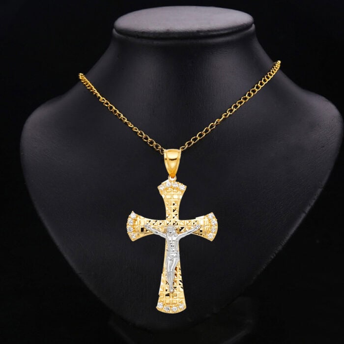 14K Yellow Gold Cubic Zirconia Religious Crucifix Pendant - Image 2