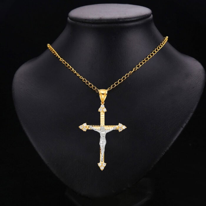 14K Yellow Gold Cubic Zirconia Religious Crucifix Pendant - Image 2
