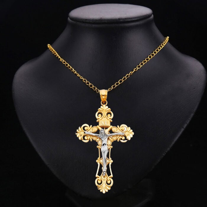 14K Two Tone Gold Religious Crucifix Pendant - Image 2