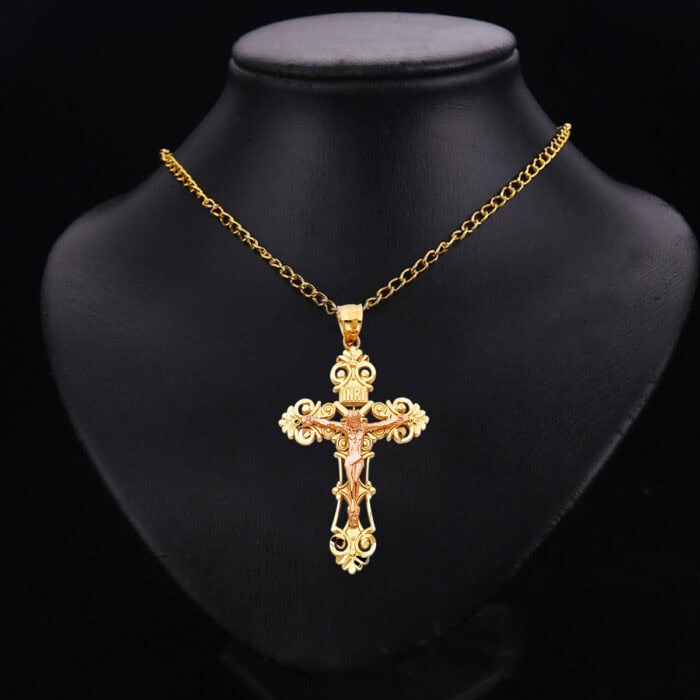 14K Two Tone Gold Religious Crucifix Pendant - Image 2