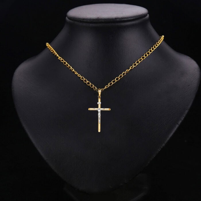14K Two Tone Gold Crucifix Cross Religious Pendant - Image 3