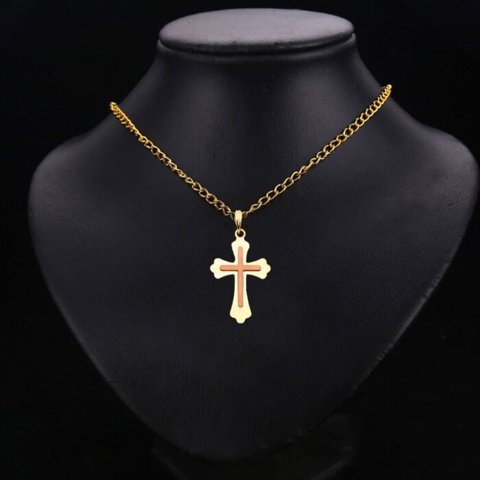14K Two Tone Gold Religious Cross Pendant - Image 2