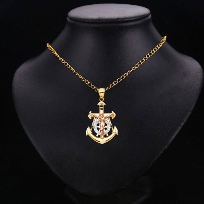 14K Tri Color Gold Jesus Crucifix Anchor Religious Pendant - Image 2