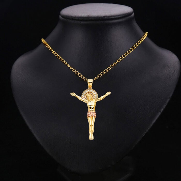14K Two Tone Gold Cubic Zirconia Religious Jesus Christ Body Pendant - Image 2