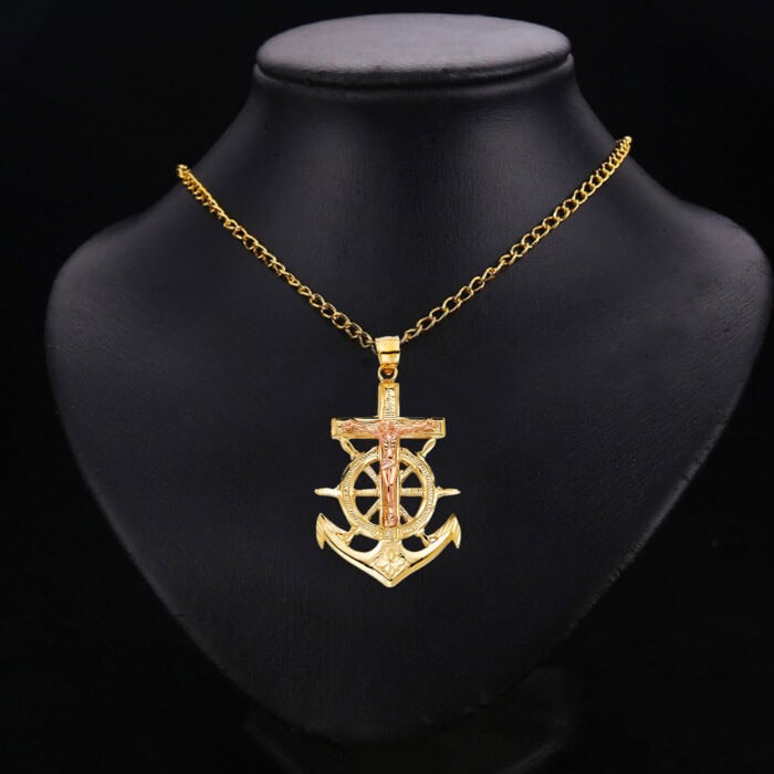 14K Two Tone Gold Religious Crucifix Anchor Pendant - Image 2