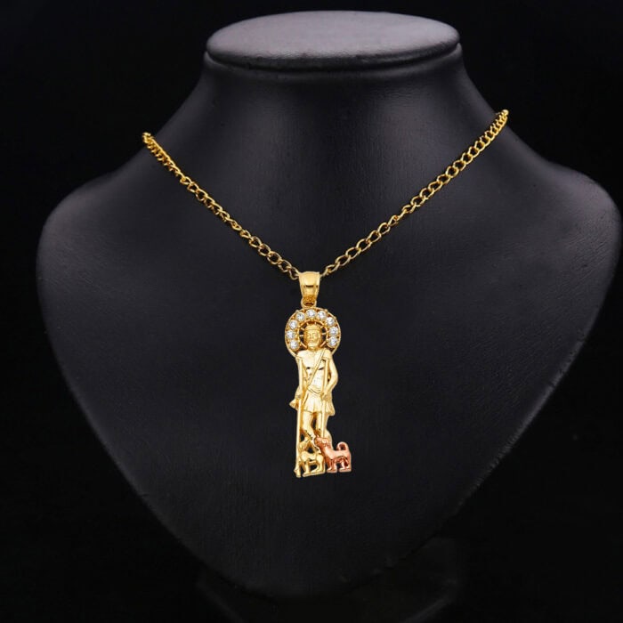14K Two Tone Gold Cubic Zirconia Religious St. Lazaro Pendant - Image 2