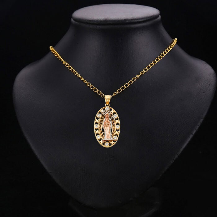 14K Tri Color Gold Cubic Zirconia Religious Santa Muerte Pendant - Image 2