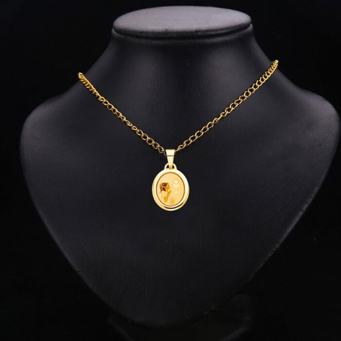 14K Yellow Gold Communion Enamel Picture Religious Pendant - Image 2