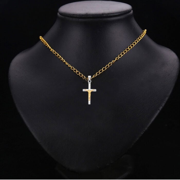 14K Two Tone Gold Religious Crucifix Pendant - Image 3