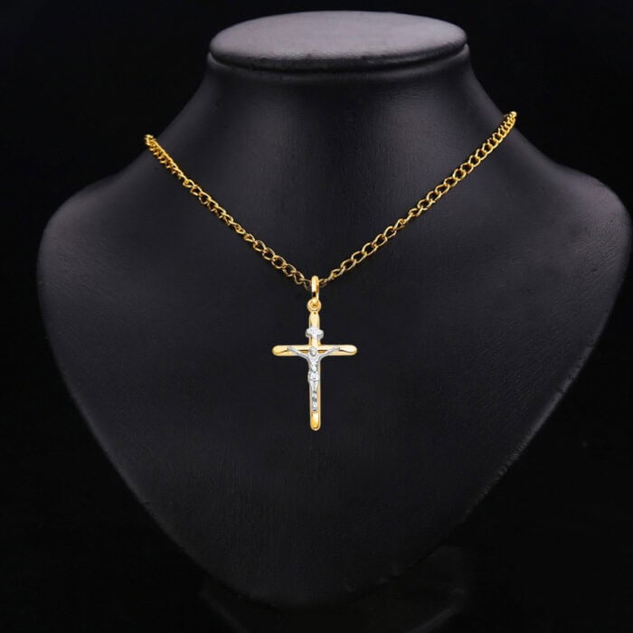 14K Two Tone Gold Crucifix Cross Religious Pendant - Image 3