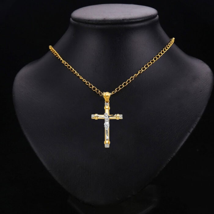 14K Two Tone Gold Cubic Zirconia Religious Crucifix Pendant - Image 2