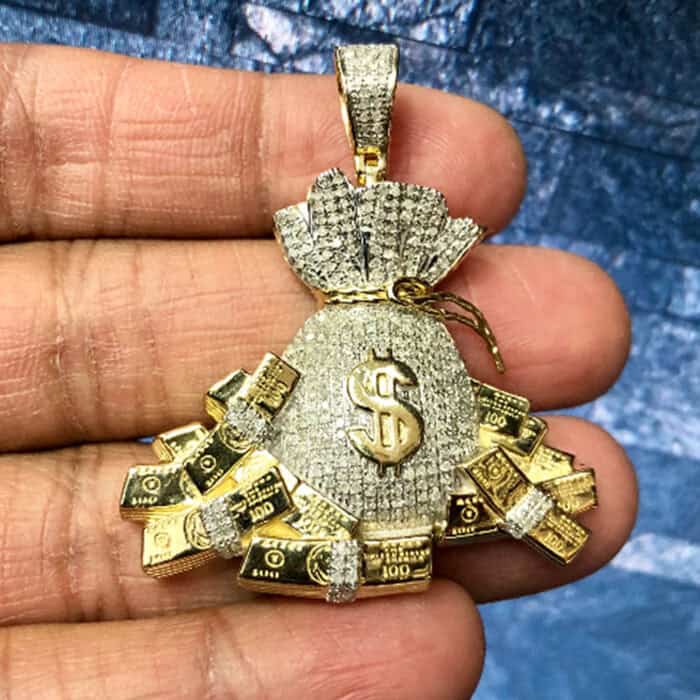 10K Yellow Gold Diamond Money Bag 100 Dollar Stacks Men's Pendant 1.85" Charm 0.97 CT. - Image 7