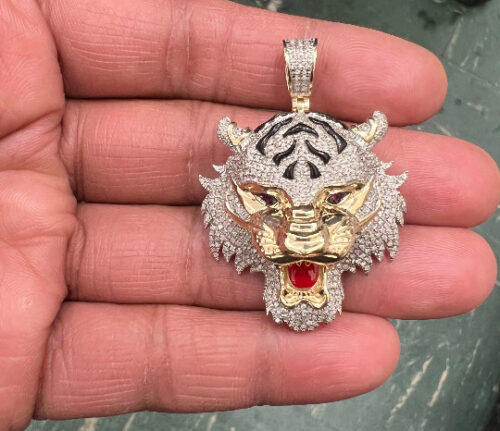 10k Yellow Gold Diamond tiger male head face Pendant Pendant/ Men's tiger Pendant / Handmade Pendant/Men's Charm Pendant One Of a Kind