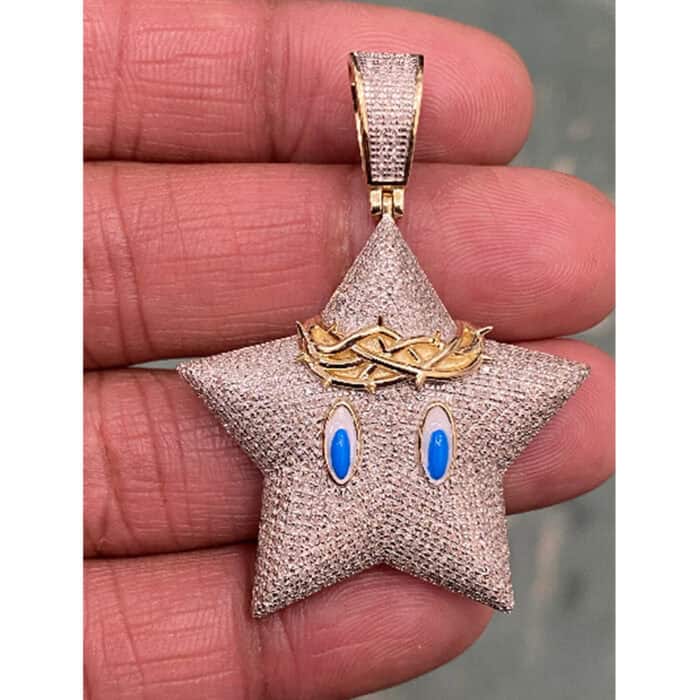 10k Yellow Gold Diamond 1.16ct Diamond Star with Blue eyes and crown Diamond Pendant Necklace - custom jewelry - Image 10