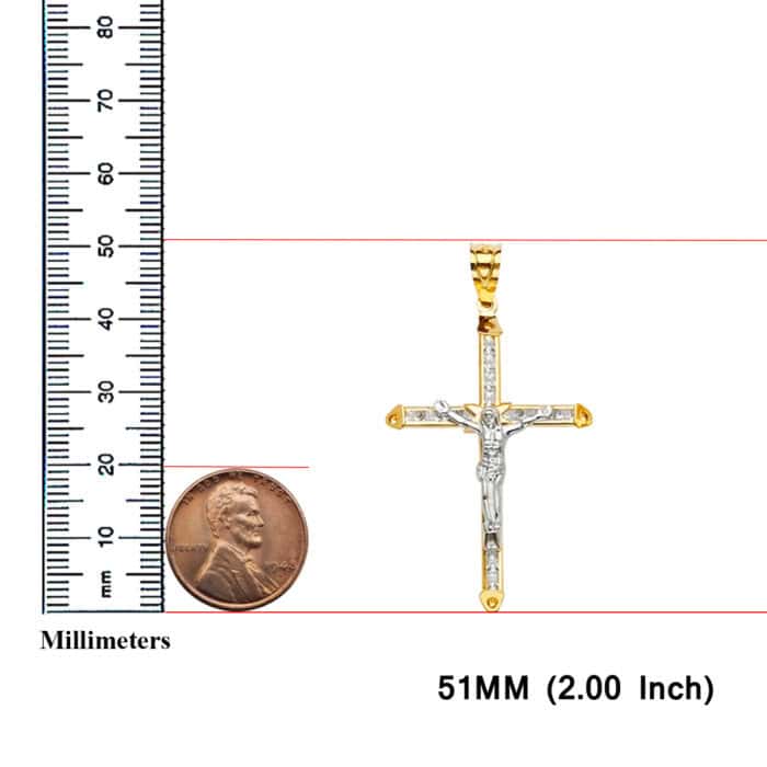 14K Two Tone Gold Cubic Zirconia Crucifix Cross Pendant - Image 3