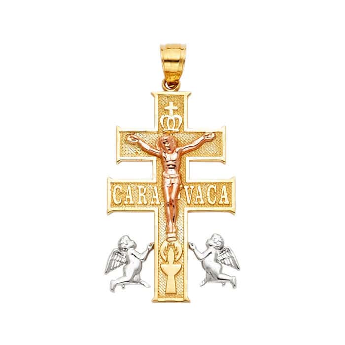 14K Tri Color Gold Religious Cross of Caravaca Pendant