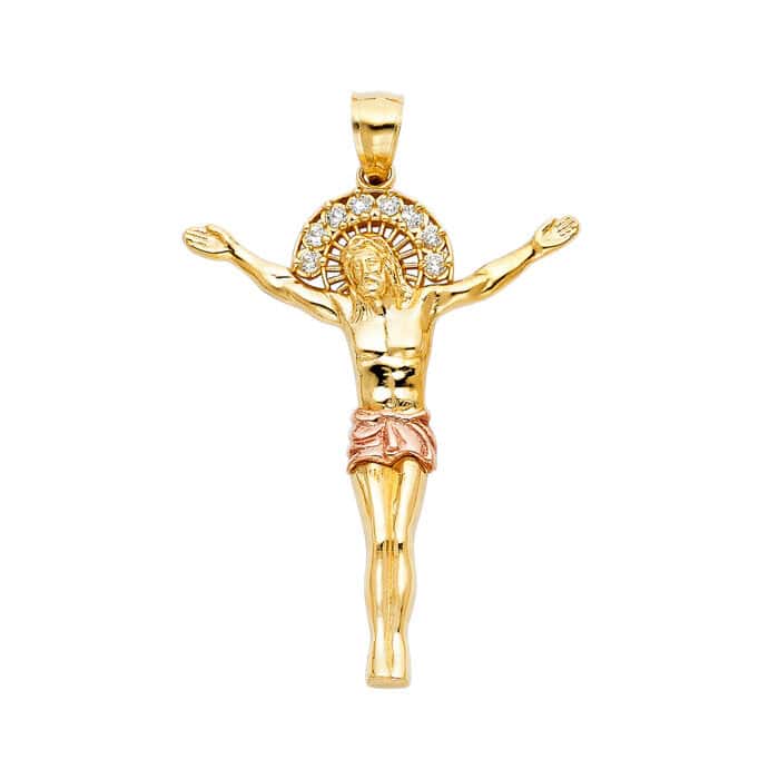 14K Two Tone Gold Cubic Zirconia Religious Jesus Christ Body Pendant