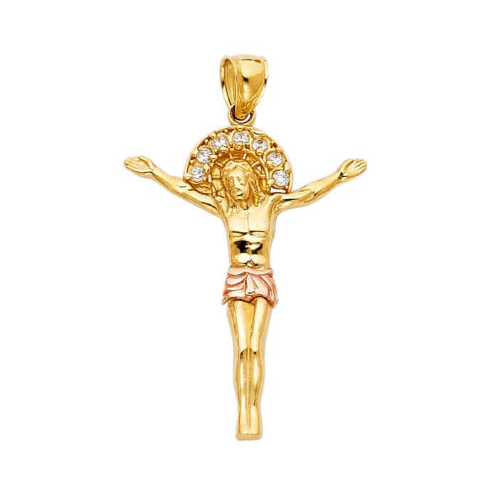 14K Two Tone Gold Cubic Zirconia Religious Jesus Christ Body Pendant