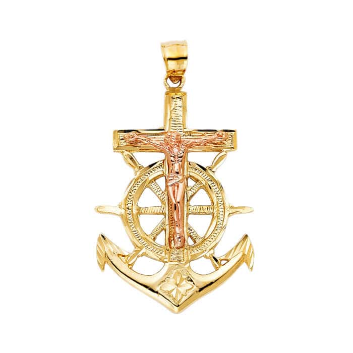 14K Two Tone Gold Religious Crucifix Anchor Pendant