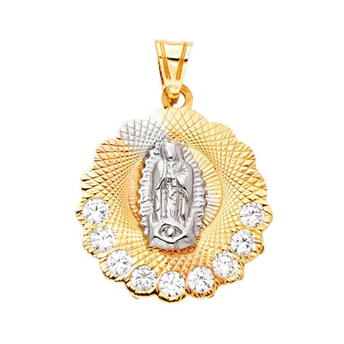 14K Tri Color Gold Religious Guadalupe Cubic Zirconia Pendant
