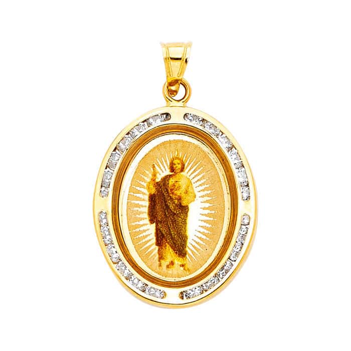14K Yellow Gold St. Jude Cubic Zirconia Religious Pendant