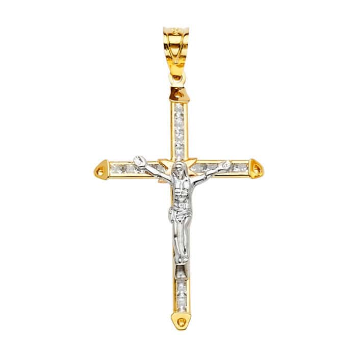 14K Two Tone Gold Cubic Zirconia Crucifix Cross Pendant