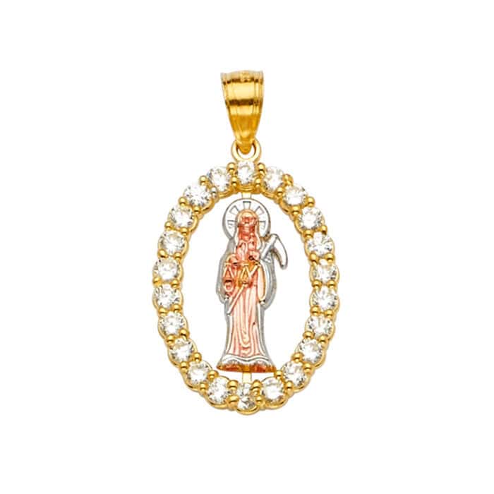 14K Tri Color Gold Cubic Zirconia Santa Muerte Pendant
