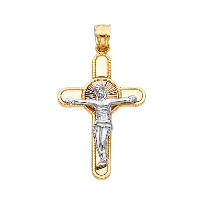 14K Tri Color Gold Jesus Crucifix Cross Religious Pendant