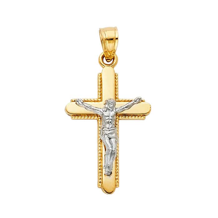 14K Two Tone Gold Jesus Crucifix Cross Religious Pendant