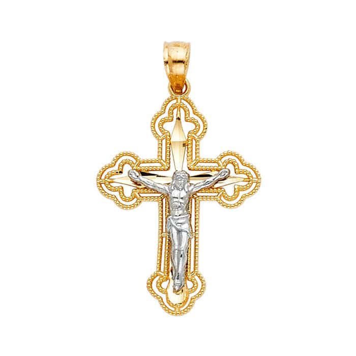14K Two Tone Gold Jesus Crucifix Cross Religious Pendant