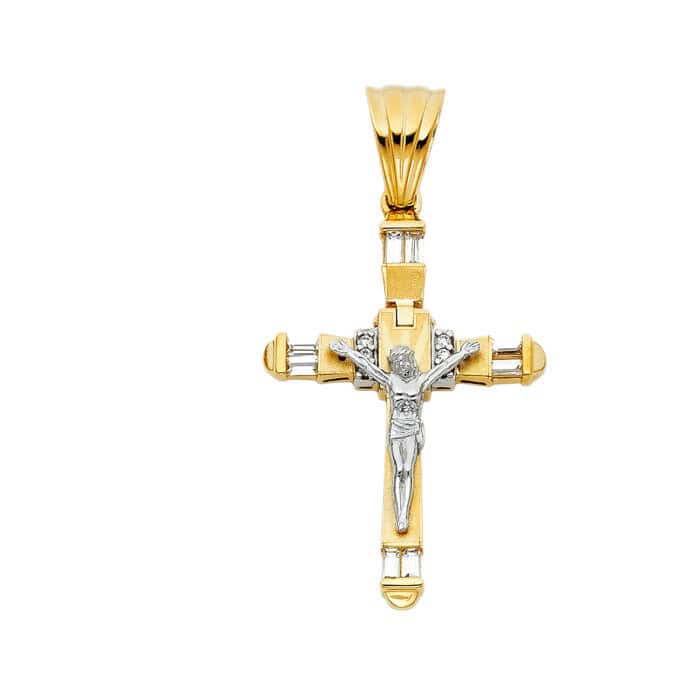 14K Two Tone Gold Cubic Zirconia Religious Crucifix Pendant