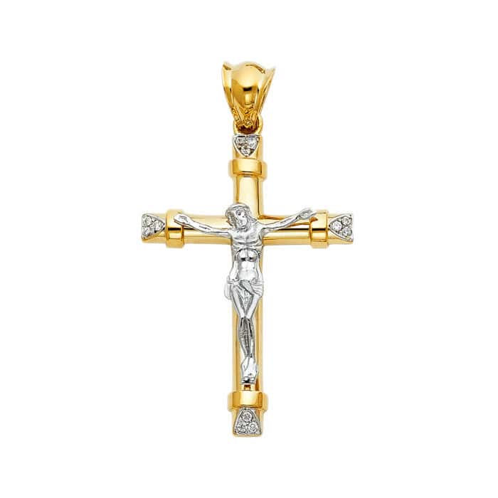 14K Two Tone Gold Cubic Zirconia Religious Crucifix Pendant
