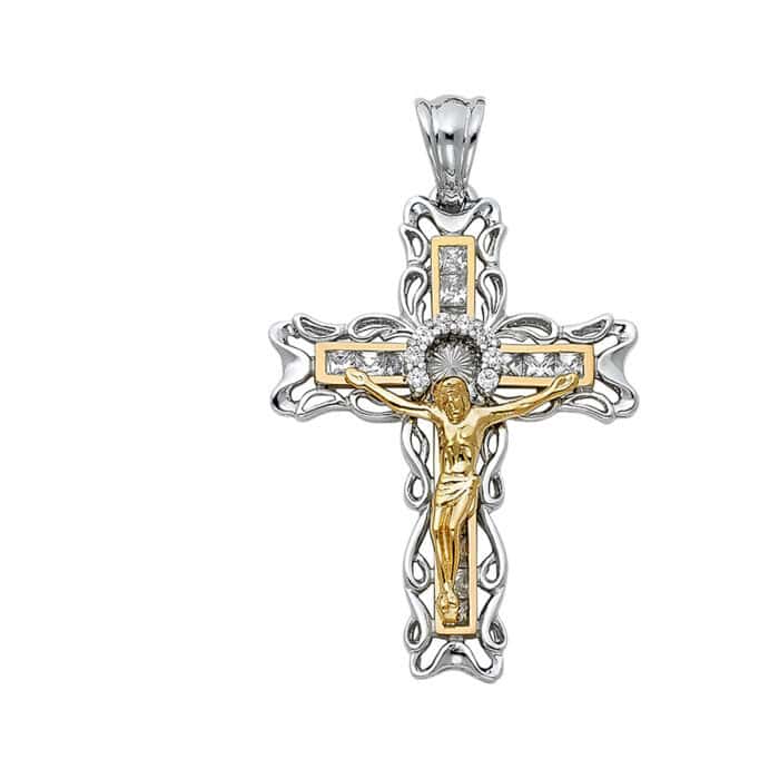 14K Two Tone Gold Cubic Zirconia Religious Crucifix Pendant