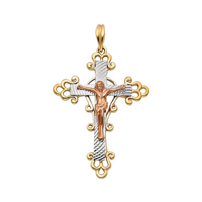 14K Tri Color Gold Religious Crucifix Pendant