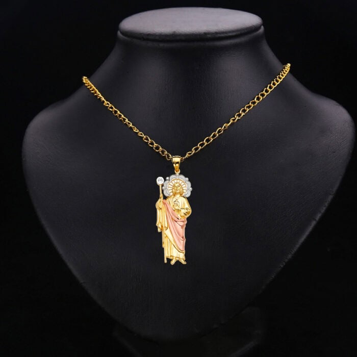 14K Tri Color Gold Cubic Zirconia San Judas Pendant - Image 3