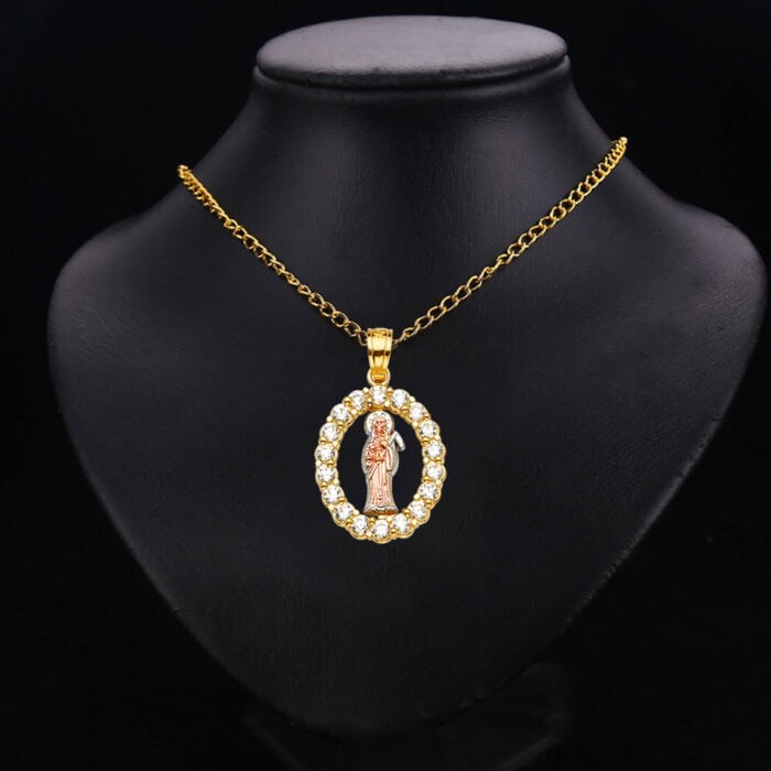 14K Tri Color Gold Cubic Zirconia Santa Muerte Pendant - Image 3
