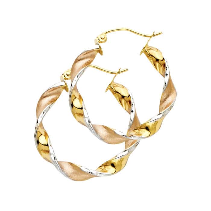 14K Tri Color Gold 4mm Swirl Hoop Earrings
