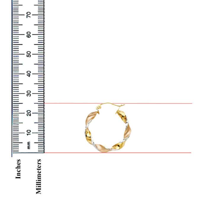 14K Tri Color Gold 4mm Swirl Hoop Earrings - Image 3
