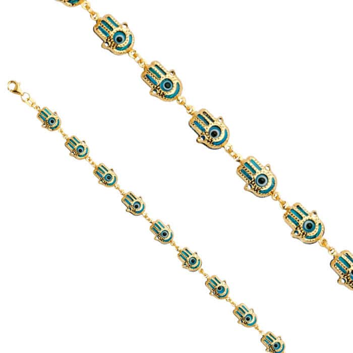 14K Yellow Gold Hamsa Blue Evil Eye Bracelet - 7.5" - Image 2