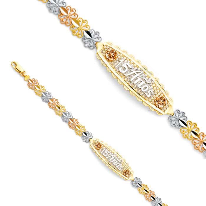 14K Tri Color Gold Flower ID Bracelet - 7.25" - Image 2