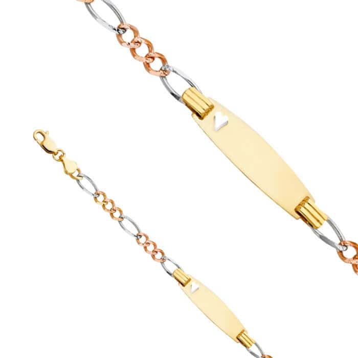 14K Tri Color Gold Figaro 3+1 Oval Baby ID Bracelet - 6" - Image 2