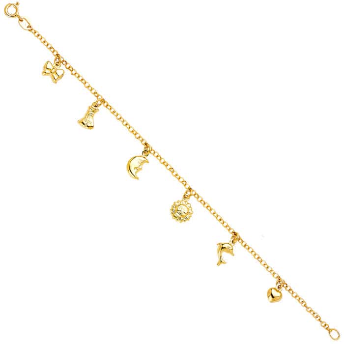 14K Yellow Gold Hanging Charm Bracelet - 7"
